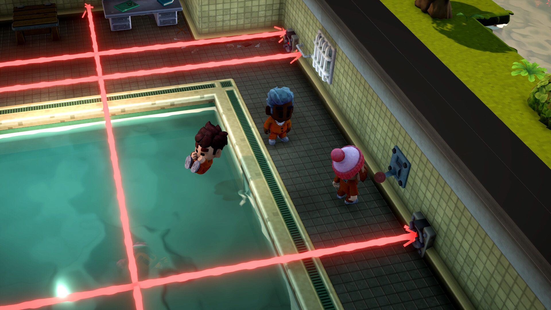 Steam store screenshot of several stylized inmates and a guard in a prison yard